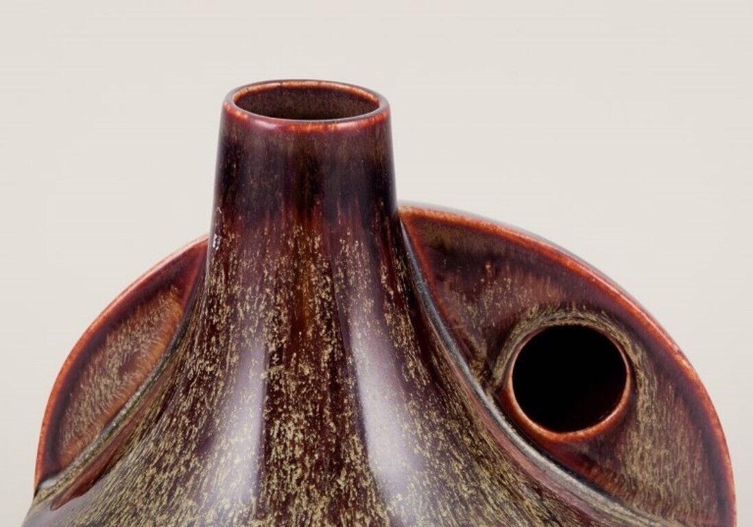 European studio ceramist Unique ceramic vase with speckled glaze in brown tones