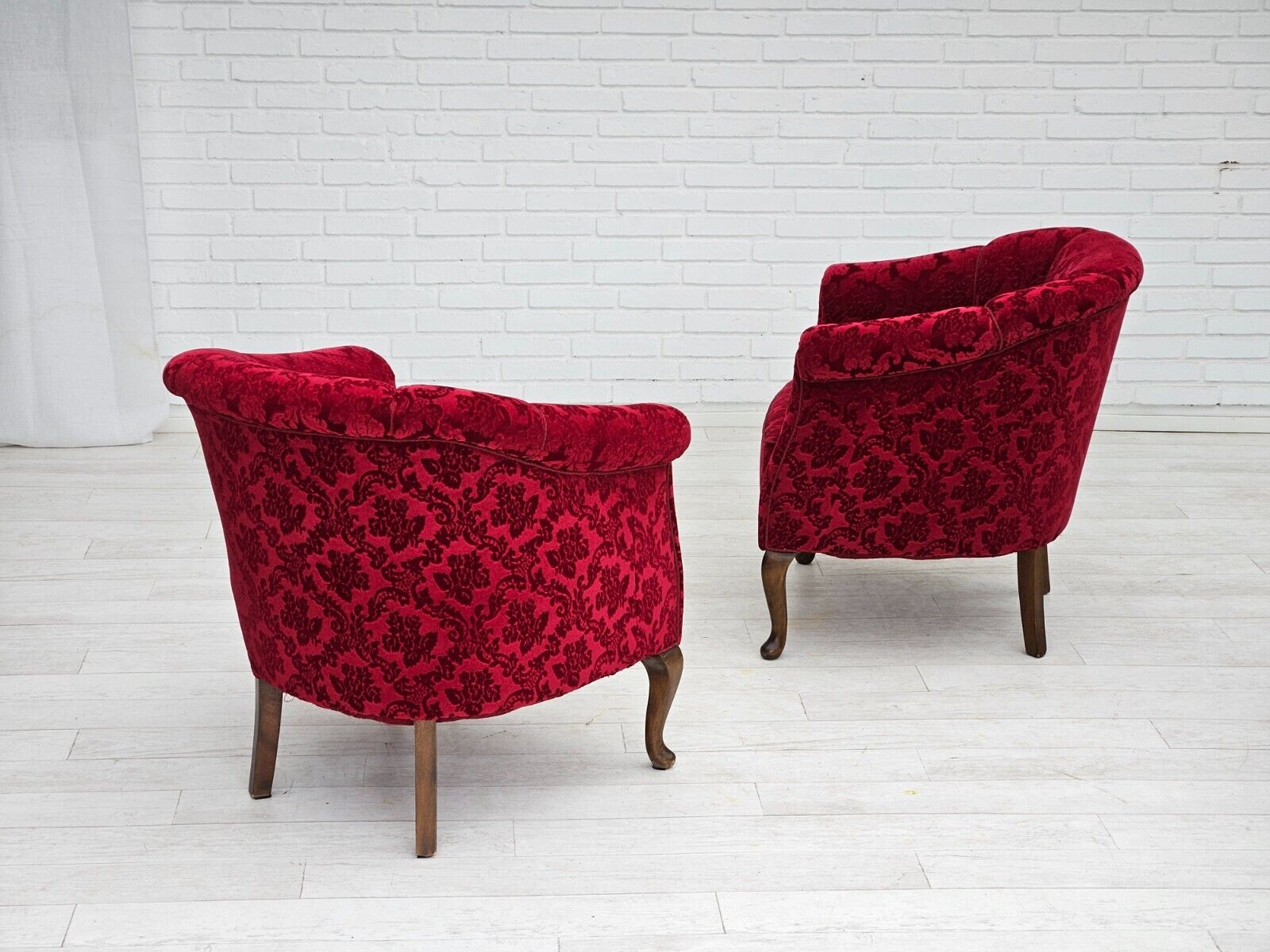 1950s pair of Danish lounge chairs red cotton/wool fabric beech wood