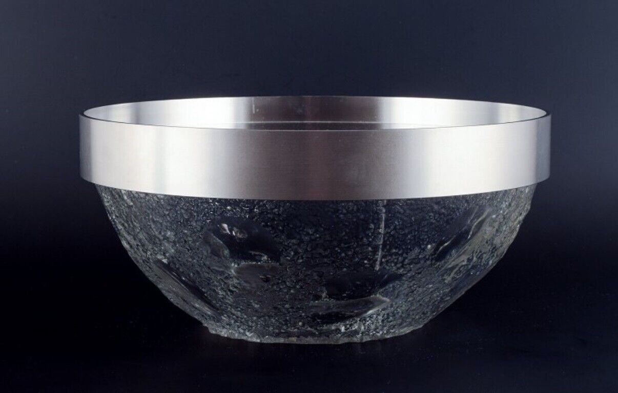 Scandinavian large serving bowl in clear frosted art glass and stainless steel