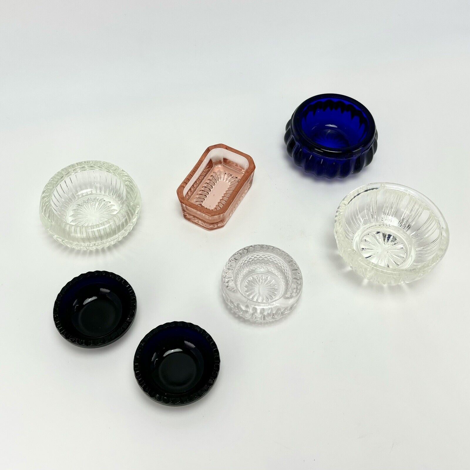 Mix Lot of 7 Antique Danish Pressed Glass Salt Cellar Cobalt Blue Clear Pink