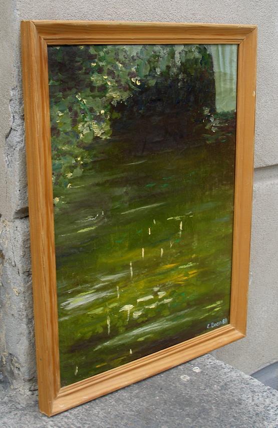 The surface of a forest pond Danish school vintage oil Signed