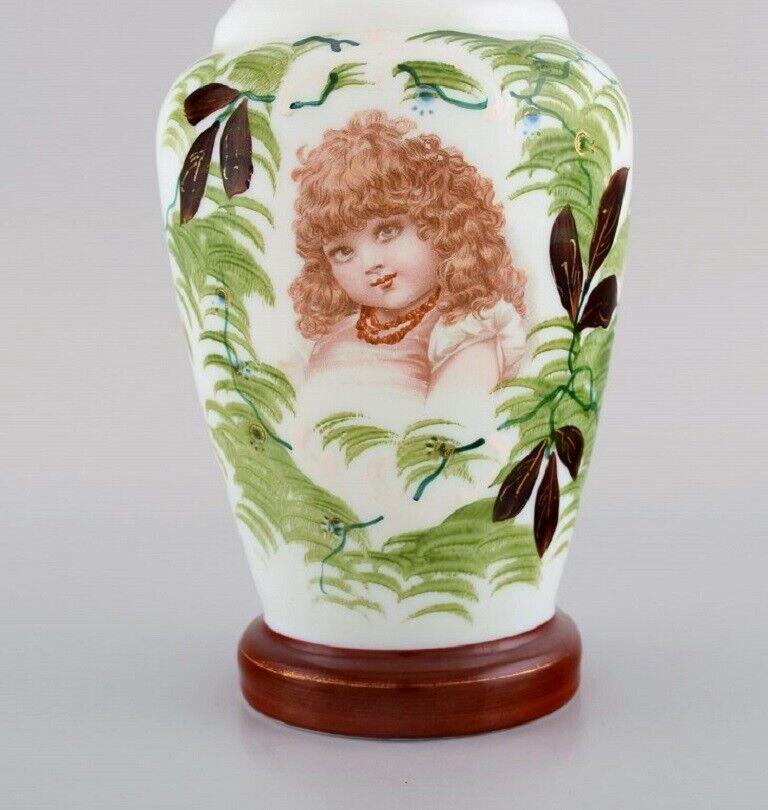 Antique vase in opal art glass with hand-painted motif of a young woman