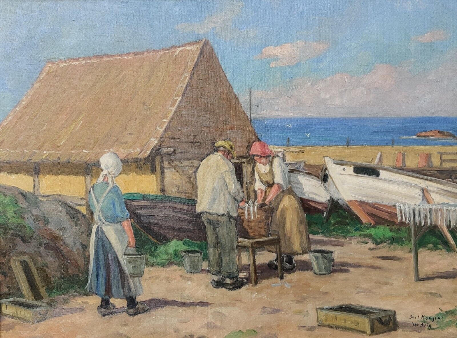 Axel Hansen (1896-1936): SMOKING HERRING BORNHOLM original oil painting