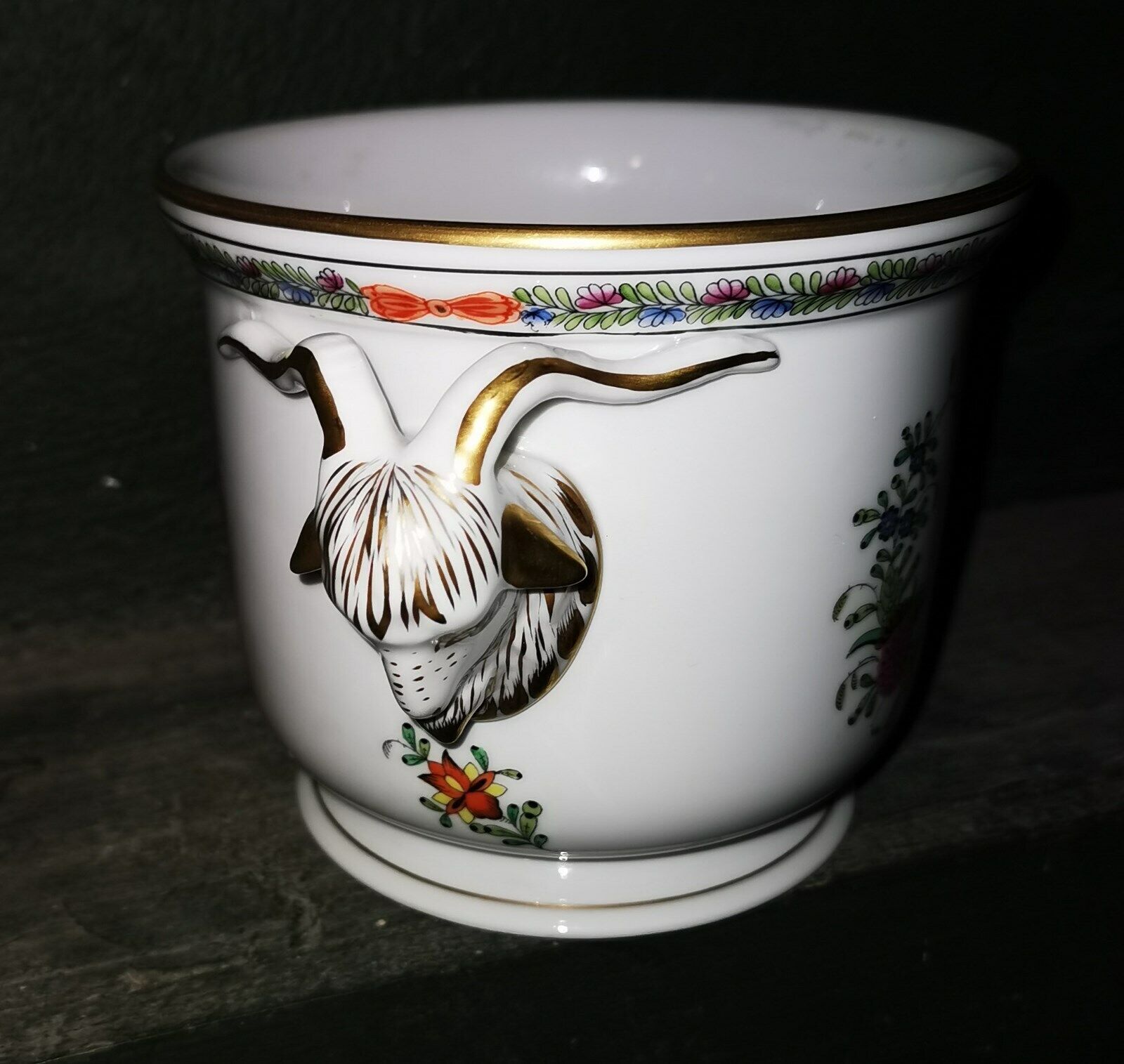 Vintage Herend Flower Pot with Flower and Goat Head´s Decorations from Hungary