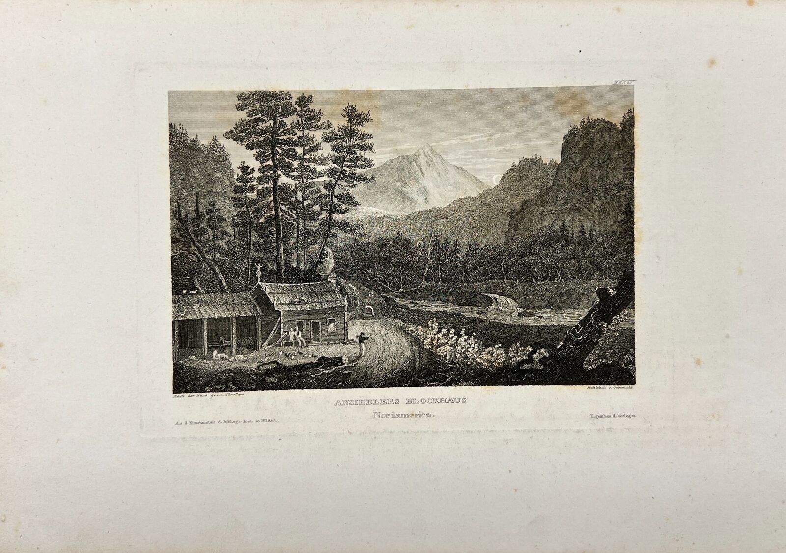 Original Antique Engraving - John Howard Hinton - Settler's Log House - E5