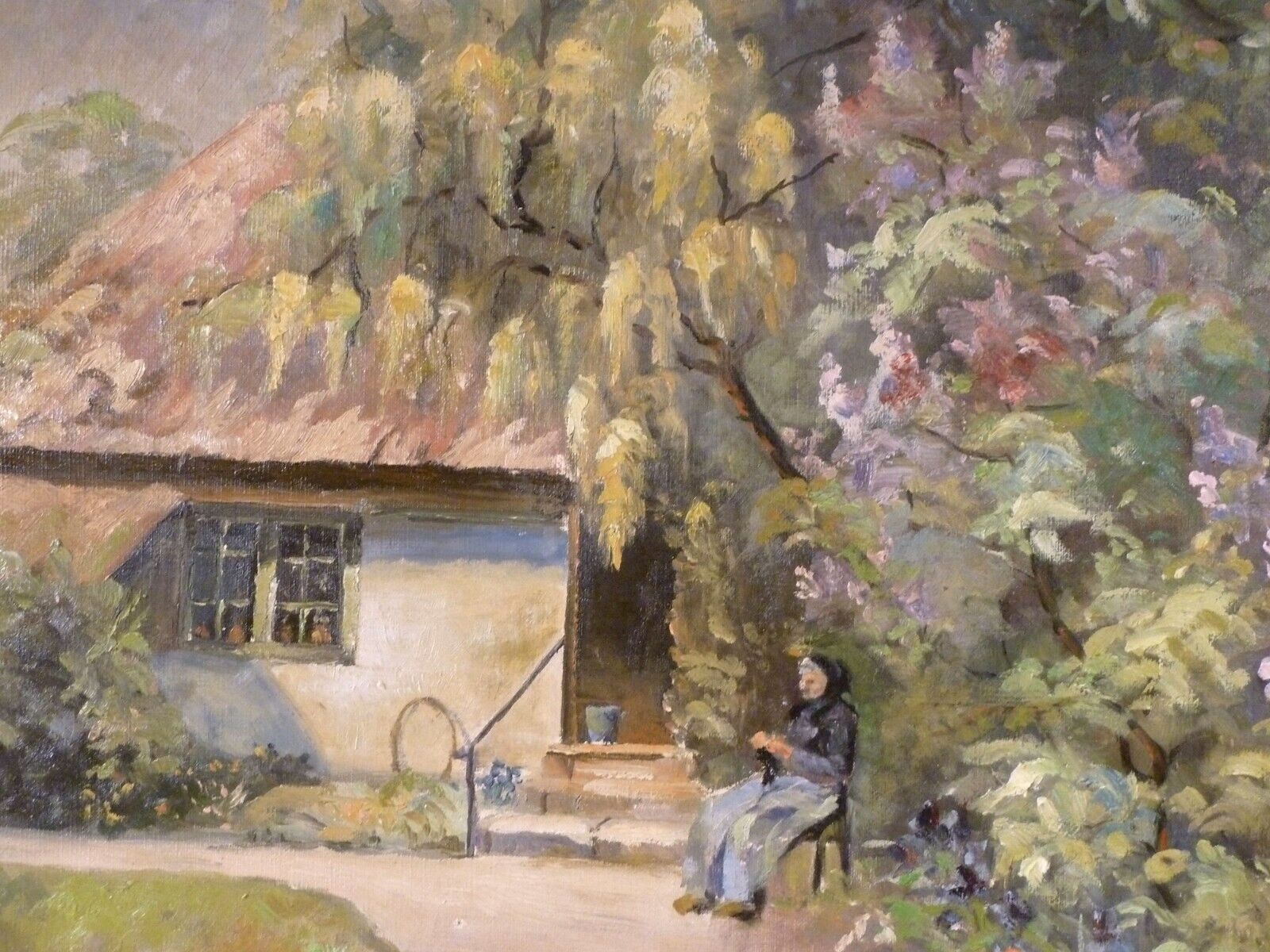 B BENTZEN! GARDEN EXTERIOR WITH OLDER WOMAN SITTTING ON A BENCH