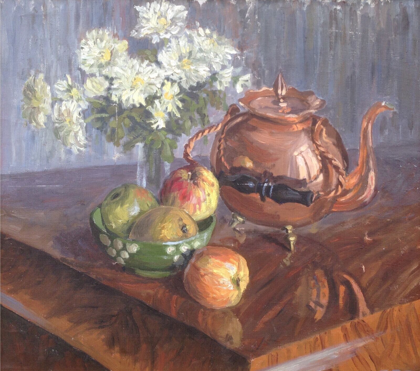 STILL LIFE WITH WELL POLISHED COPPER POT FLOWERS AND FRUIT