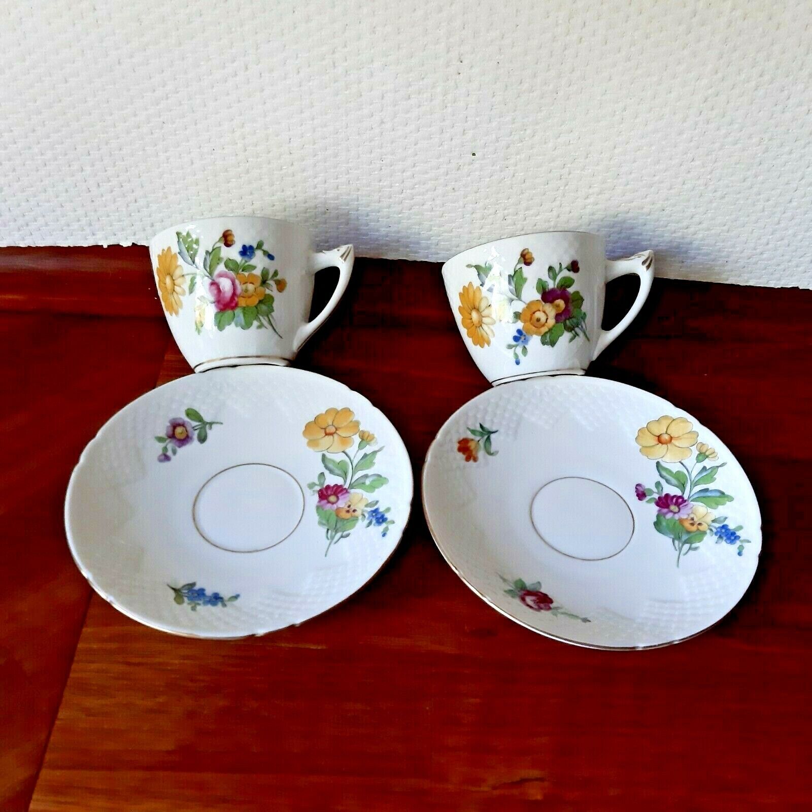 2 Coffee sets # 102 SAXON FLOWER Creme Bing  Grondahl Royal Copenhagen Fact 1