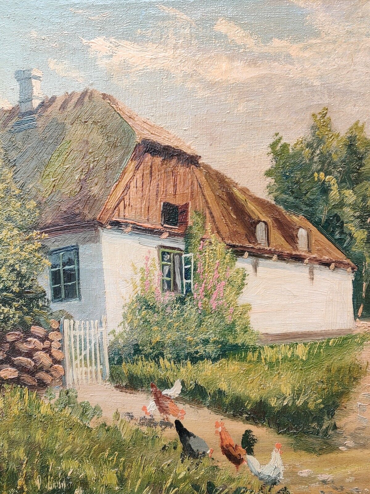 Edmund Fischer (1889-1952): CHICKEN AT FARMHOUSE original oil painting