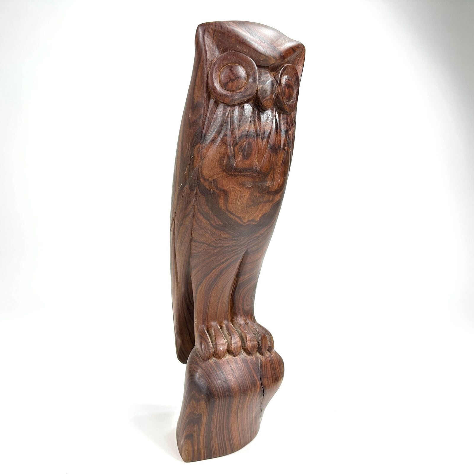 Vintage Hand Carved Teak Wood Owl Figurine 70s Bird Sculpture