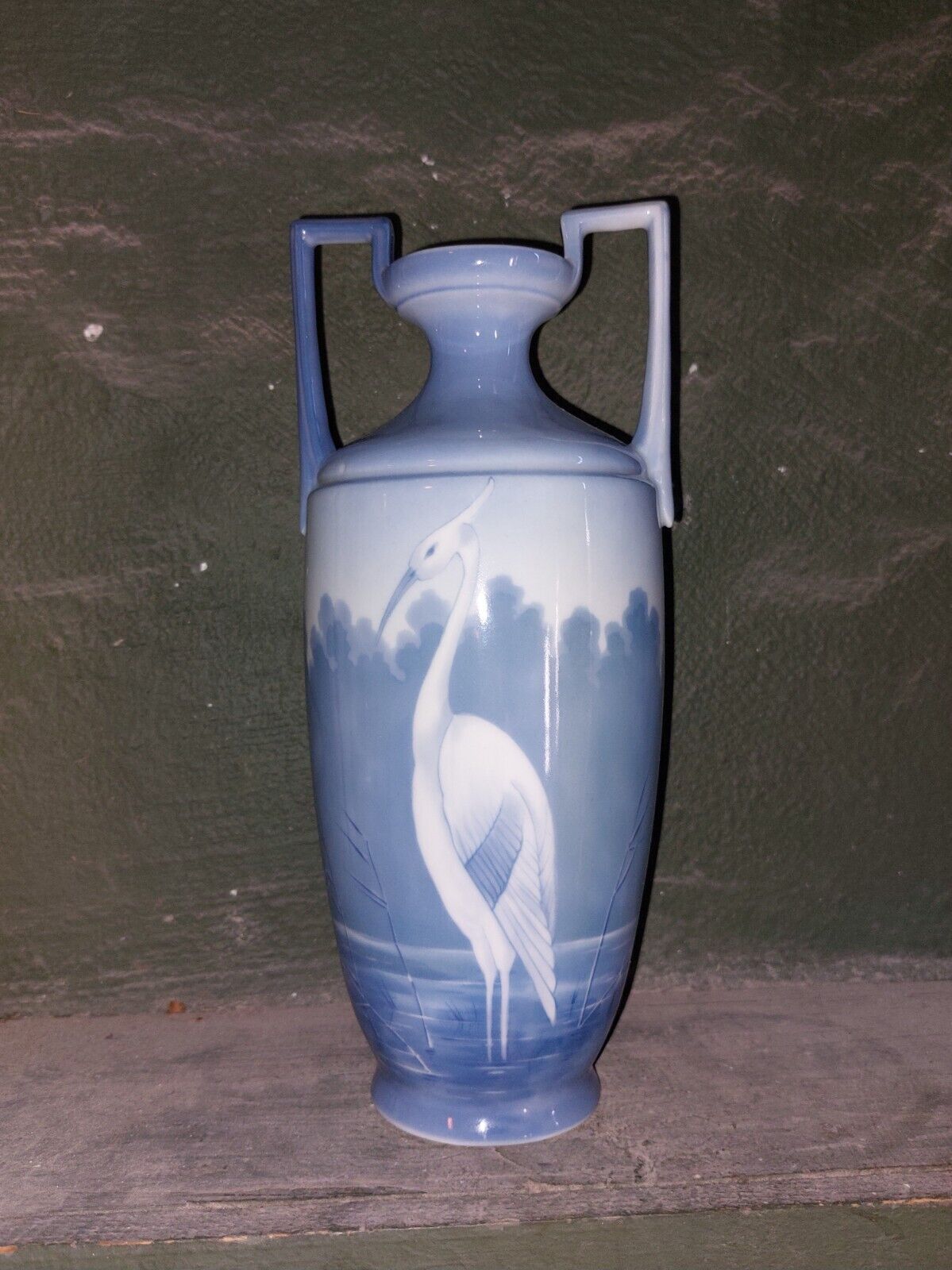 Old Art Nouveau Porcelain Vase from Eichwald Austria with crane decor c 1910