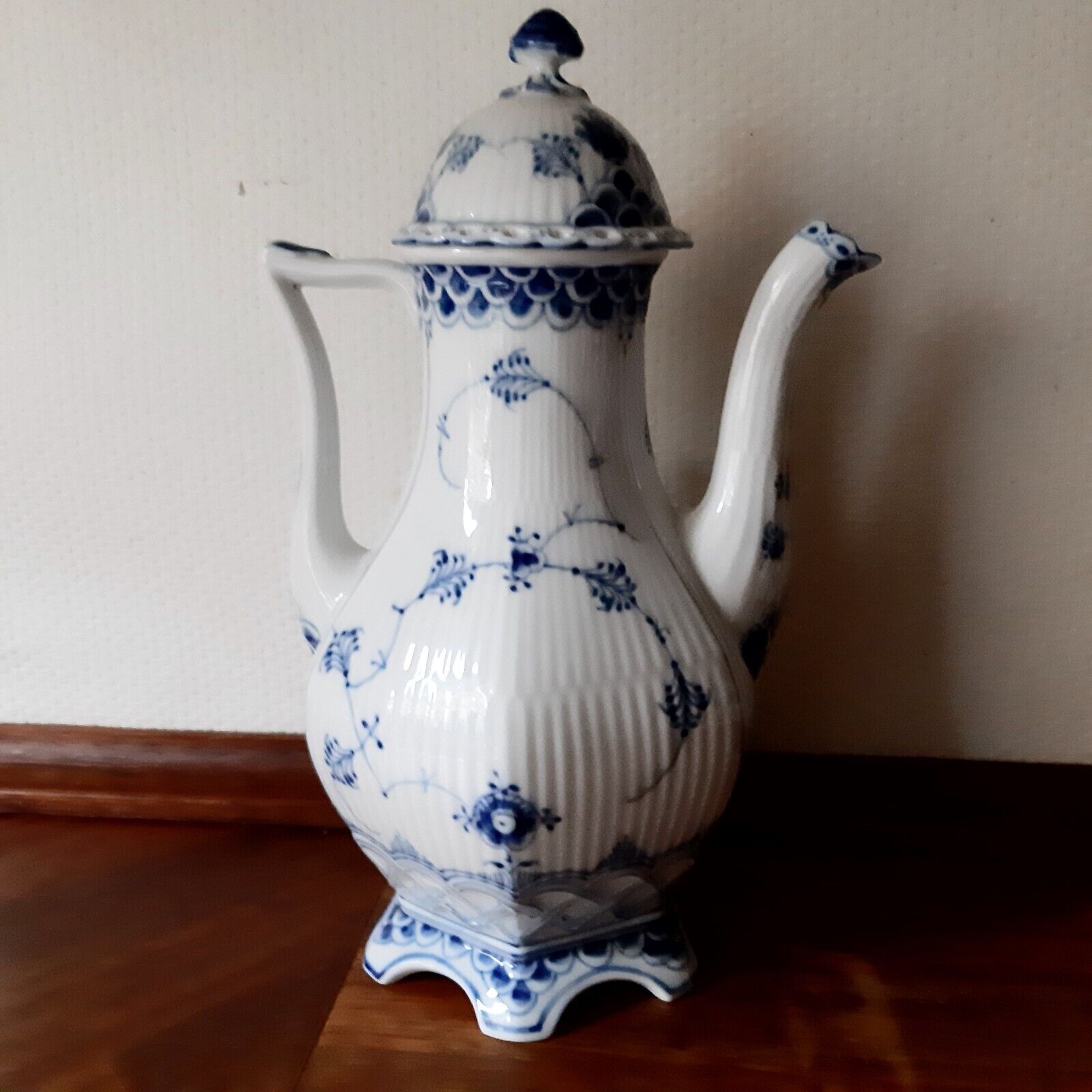 Large Hexagonal Coffee Pot BLUE FLUTED FULL LACE # 1-1202 Royal Copenhagen 1964