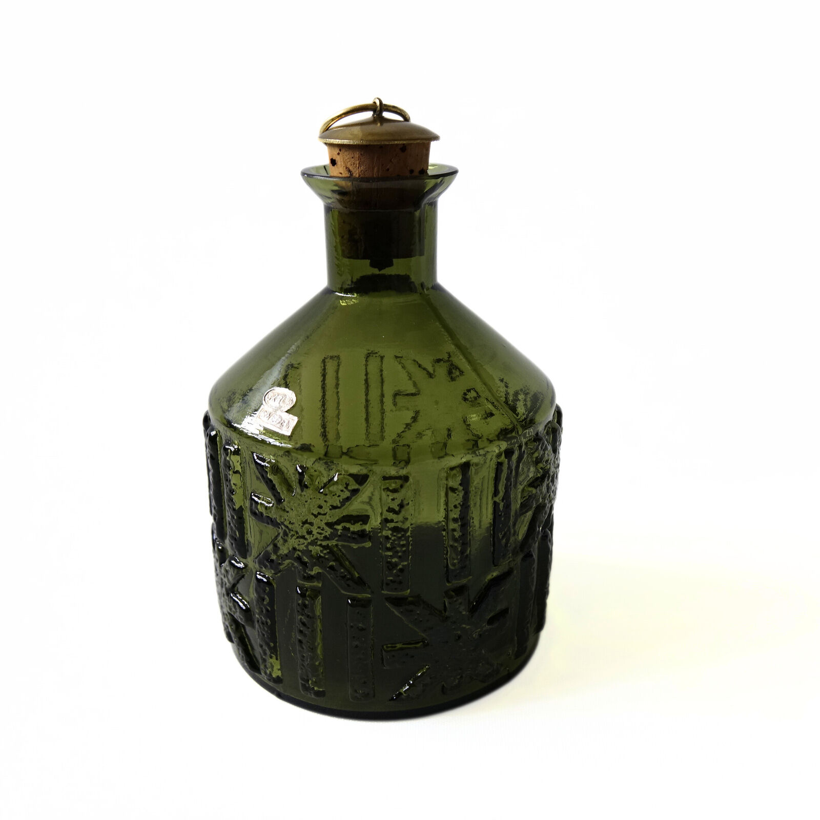 Vintage green glass decanter with cork and brass lid from SKRUF Sweden