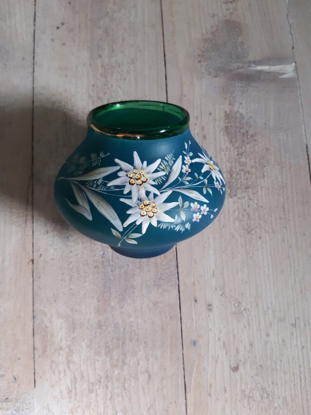 Art Nouveau blue green glass vase with enamel flowers Probably Bohemia