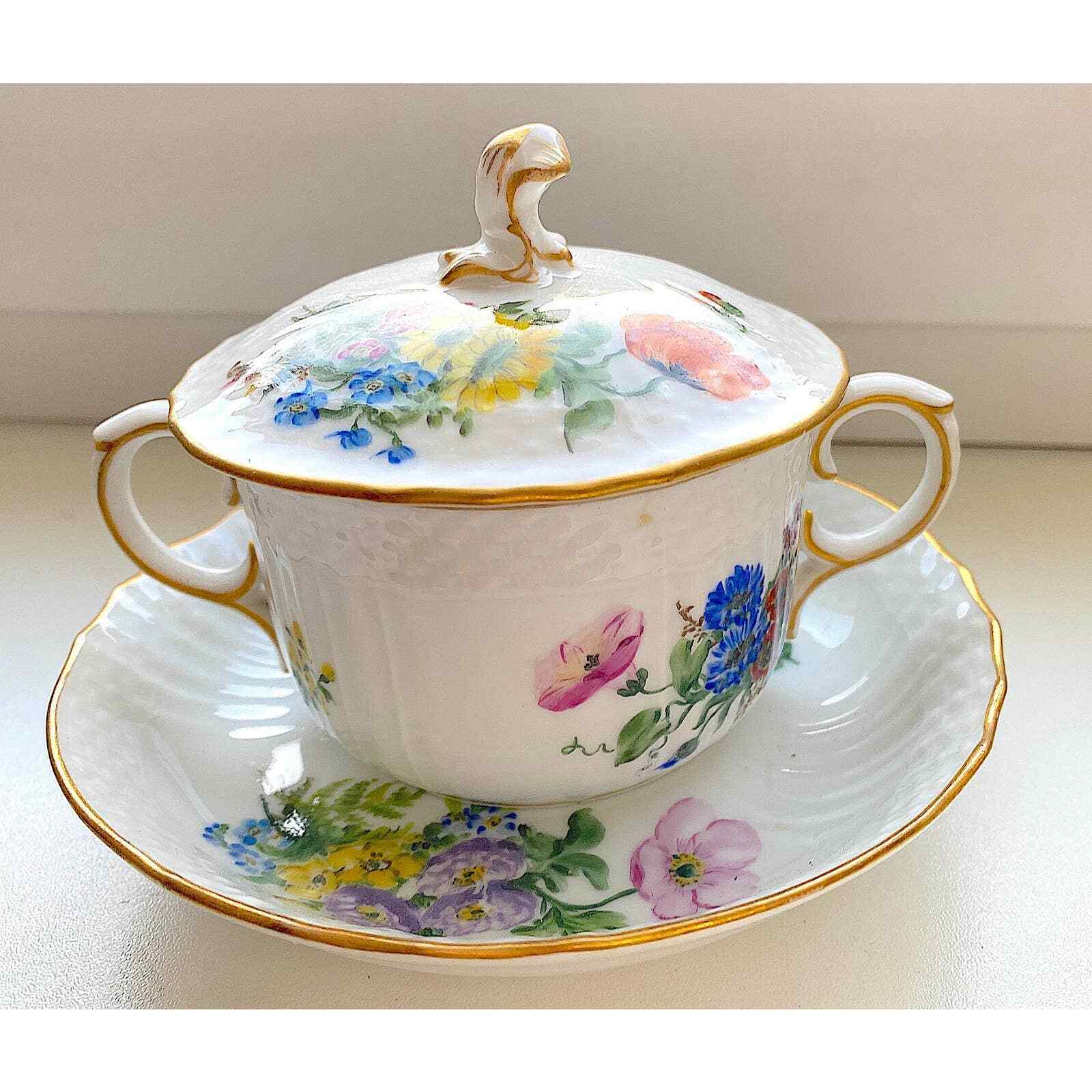 Lidded Consomme Soup Cup /Saucer Antique Full Saxon Flowers Royal Copenhagen