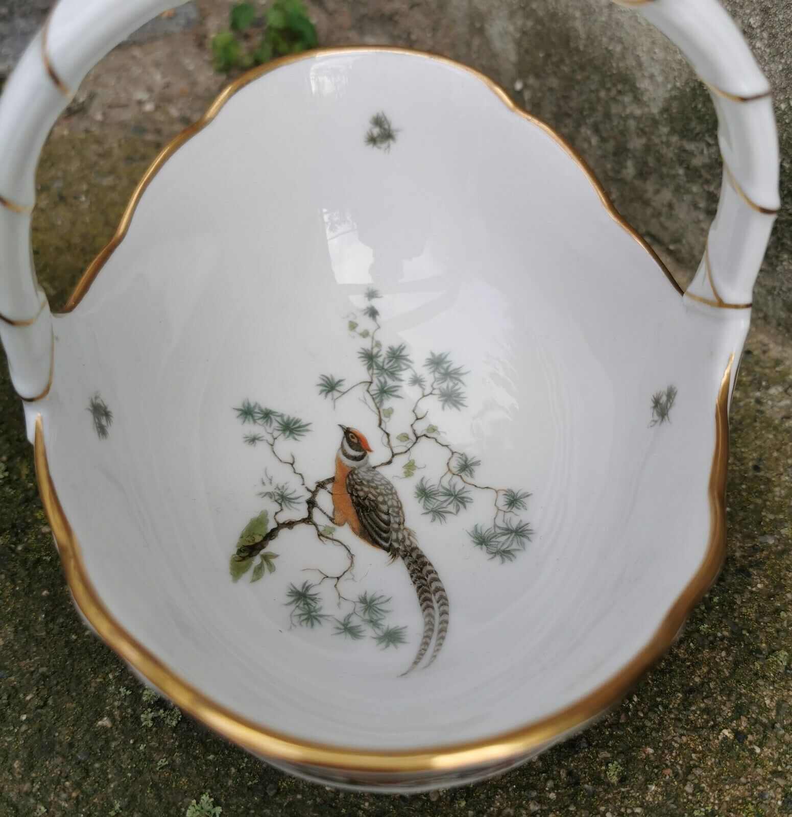 Vintage porcelain basket bowl with handle from Rosenthal with bird decoration