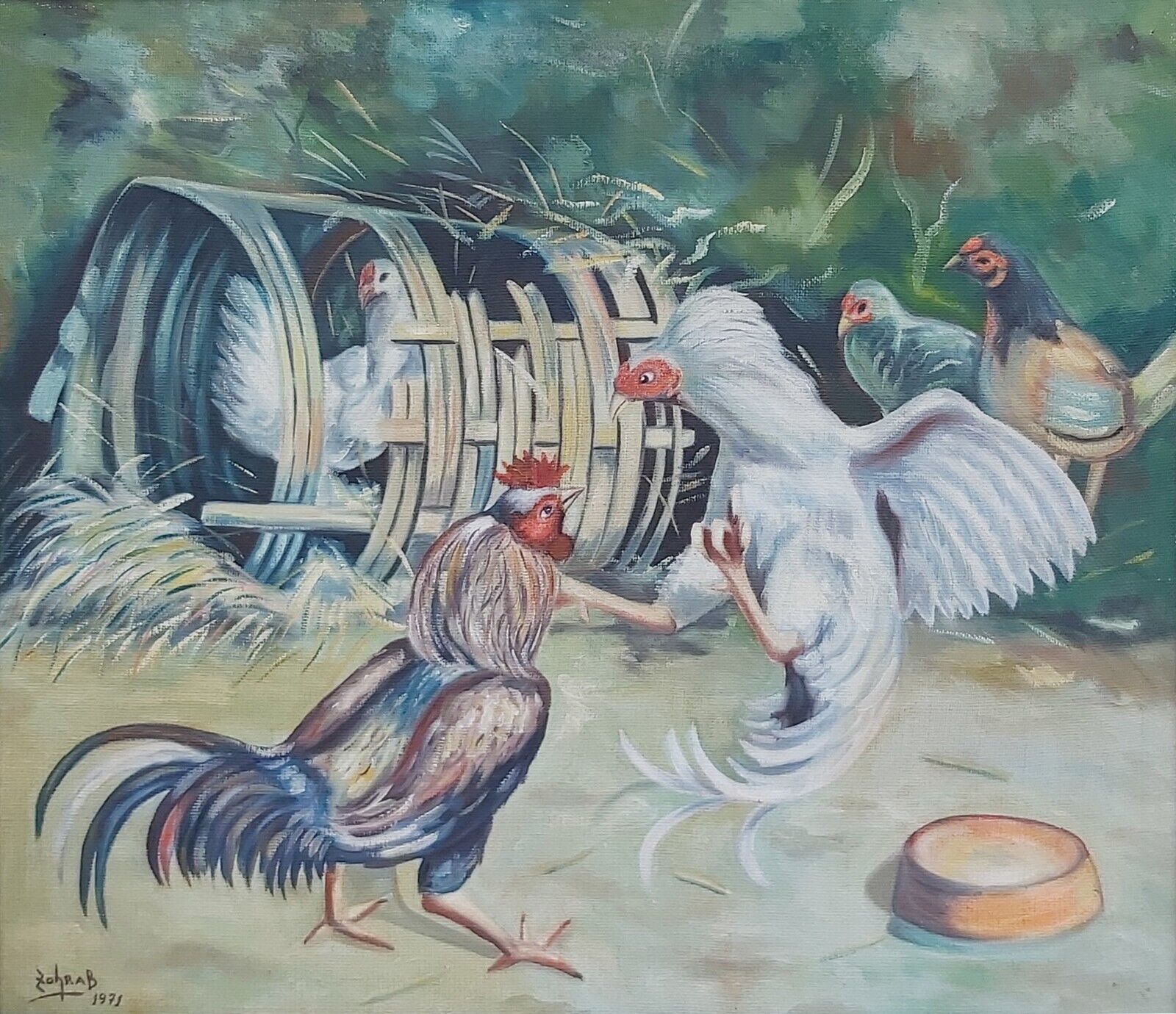 ROOSTER FIGHT - oil painting Dated 1971