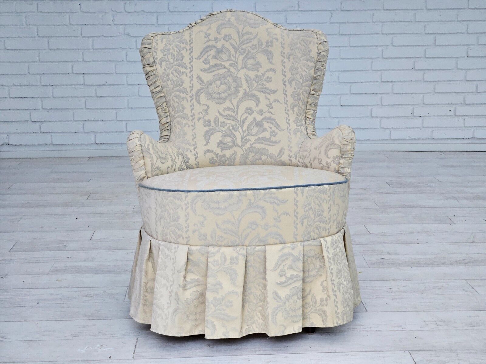 1950s Danish armchair reupholstered creamy/white floral fabric