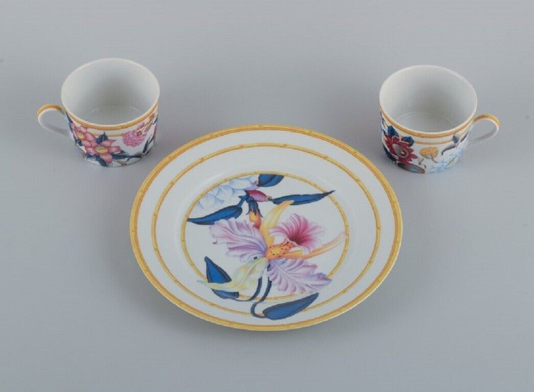 Porcelaine De Paris "Aurore Tropicale" Limoges two coffee cups and a plate