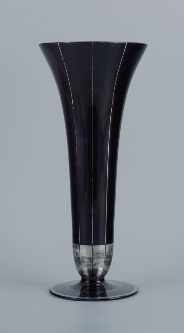 Tall Art Deco glass vase Germany With horizontal silver inlays 1930/40s