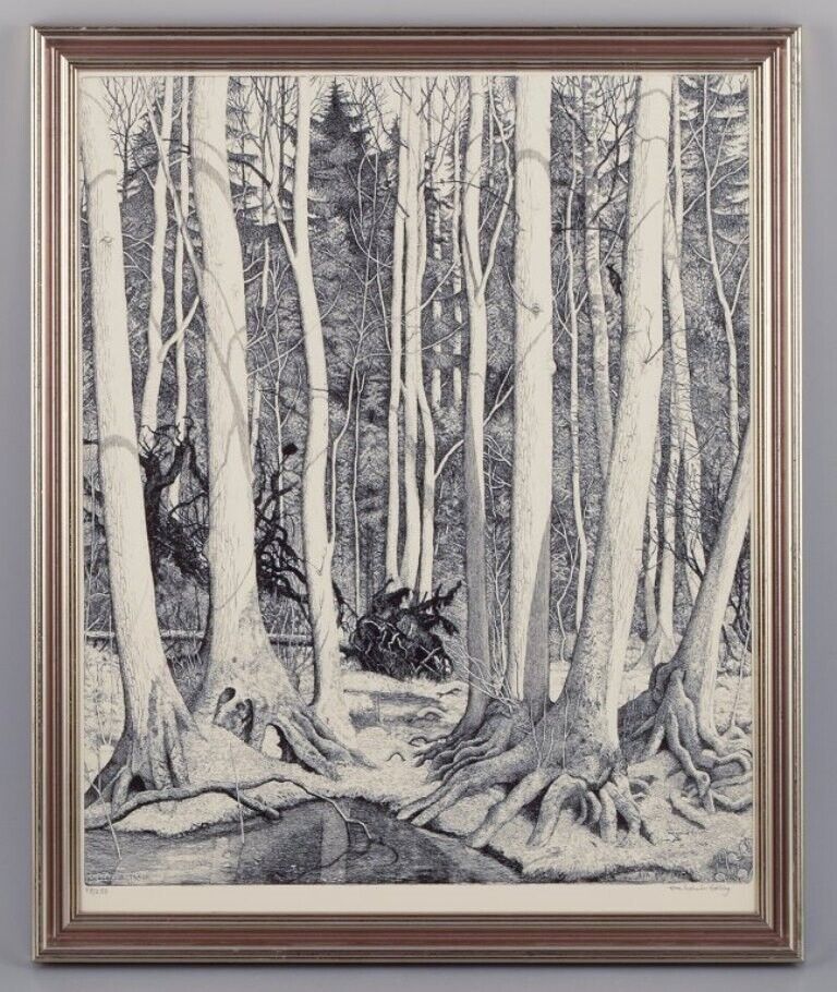 Eva Holmén-Edling (1942) Swedish artist Woodcut on Japan paper Forest scene