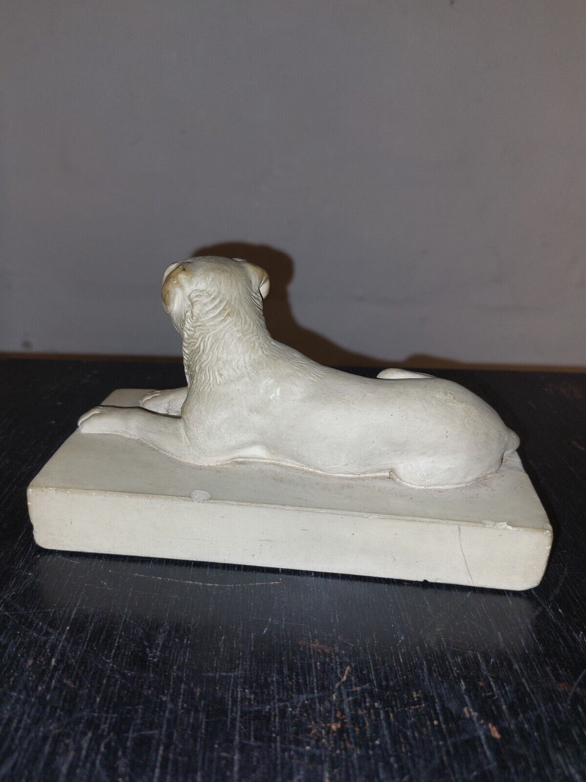 Old  figure of lying dog on base in terracotta from P Ipsen Denmark c 1900