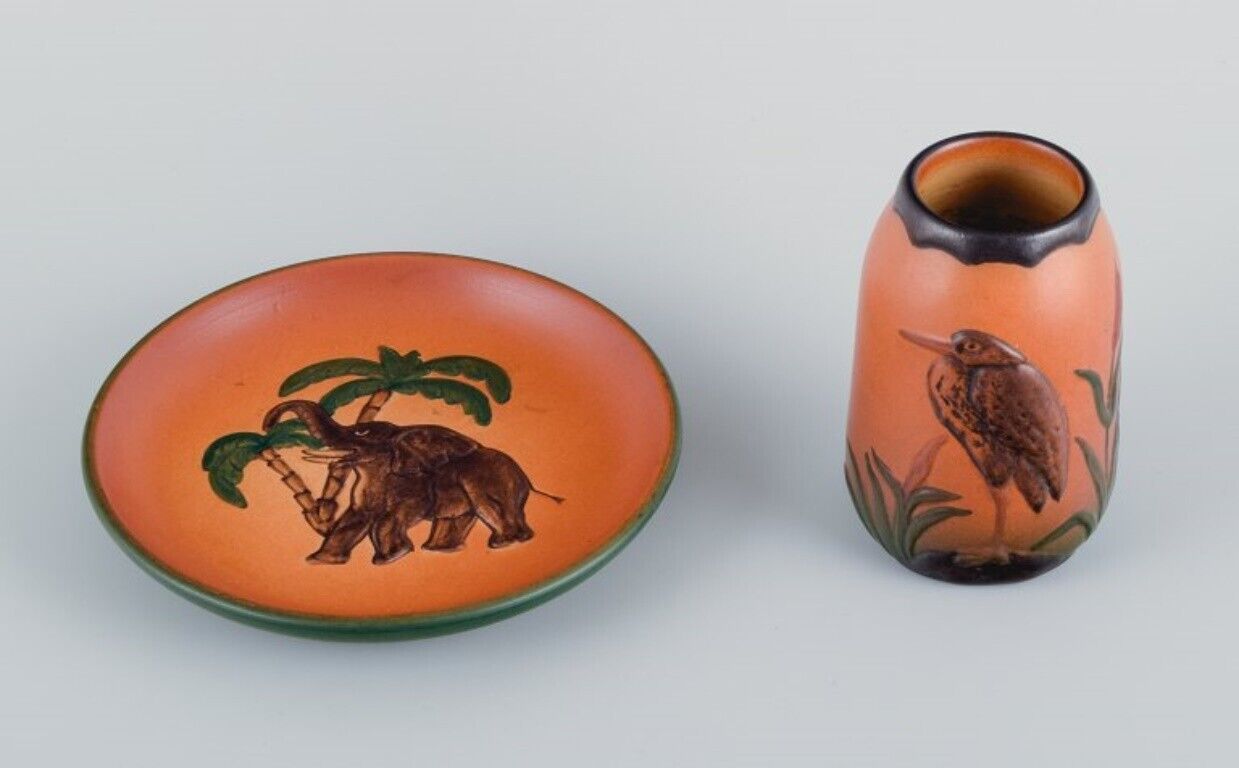 Ipsens Enke ceramic vase and ceramic dish Malibu and elephant motif