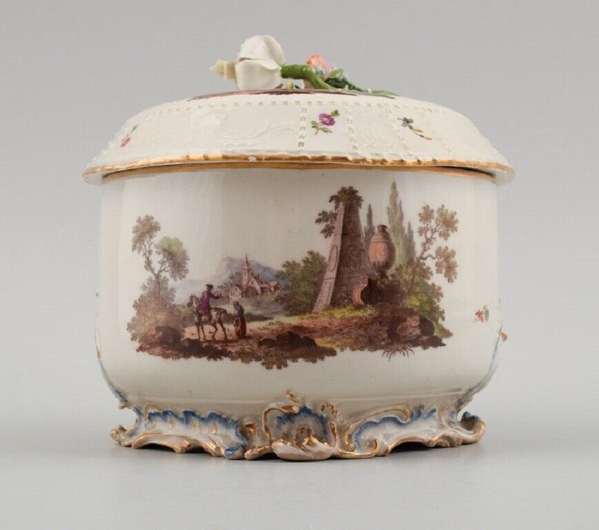 Louisbourg Germany Large sugar bowl hand-painted with landscape  18th C