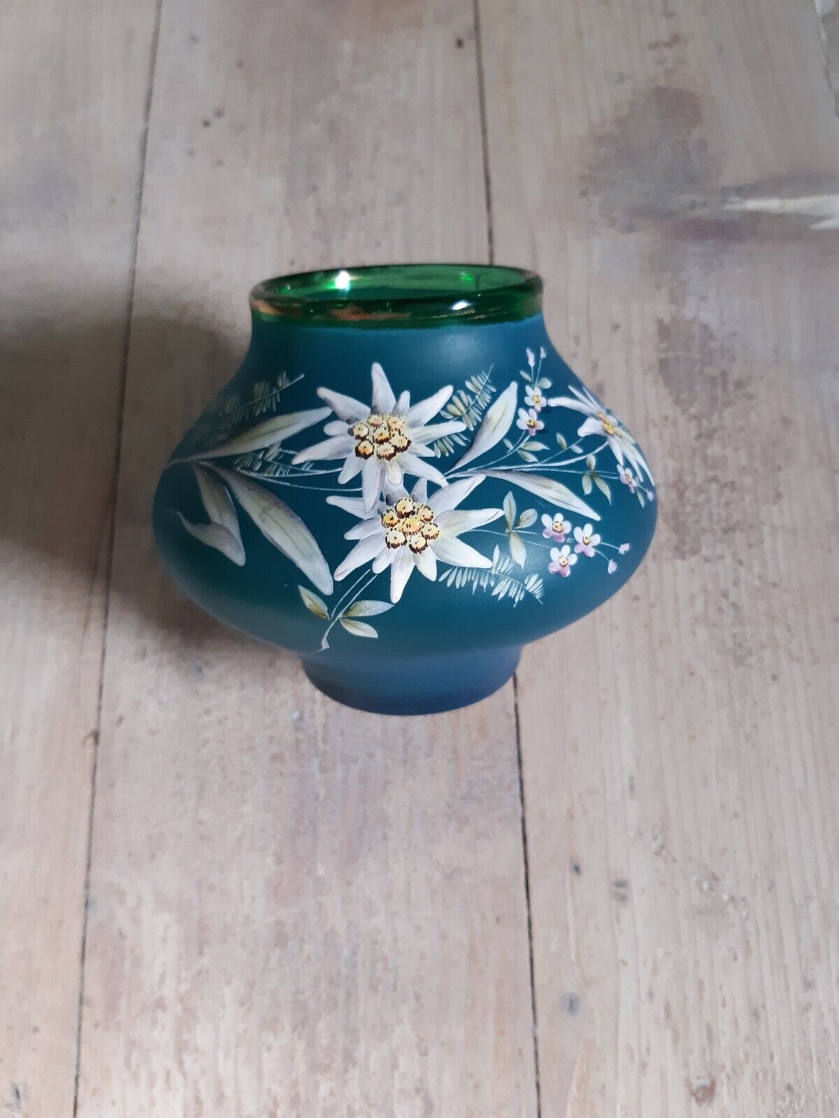 Art Nouveau blue green glass vase with enamel flowers Probably Bohemia