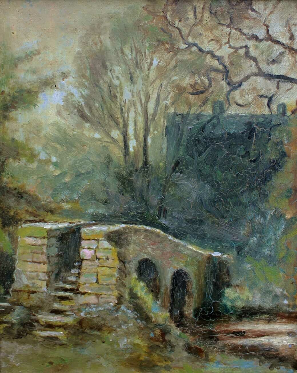 Antique painting An old stone bridge Manner of Sofie Holten