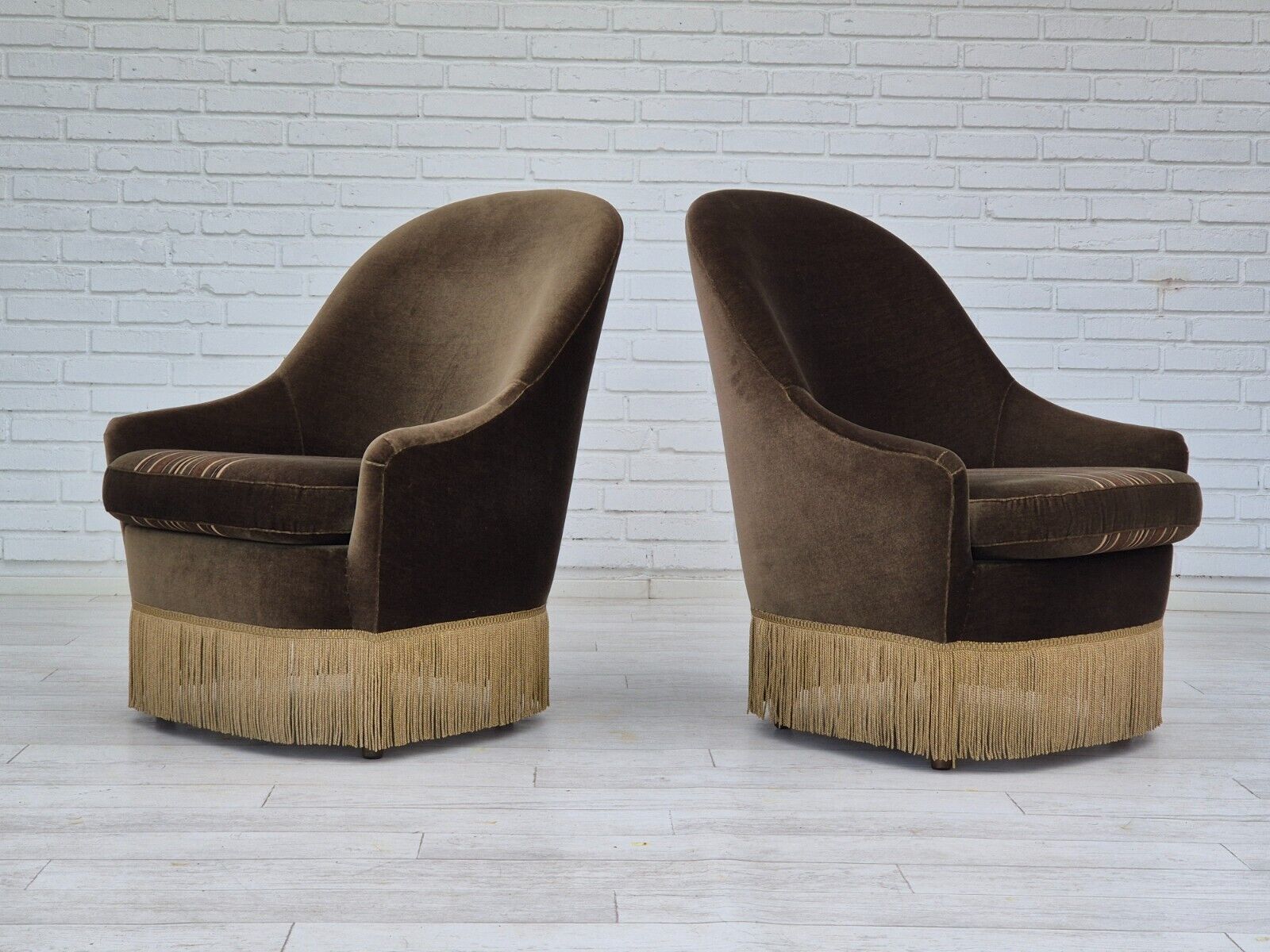 1970s pair of Danish lounge chairs original condition green furniture velour