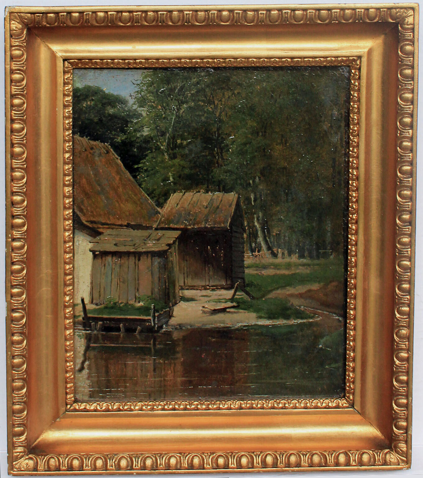 David Monies Old houses by a stream on a summer's day c1860 Framed