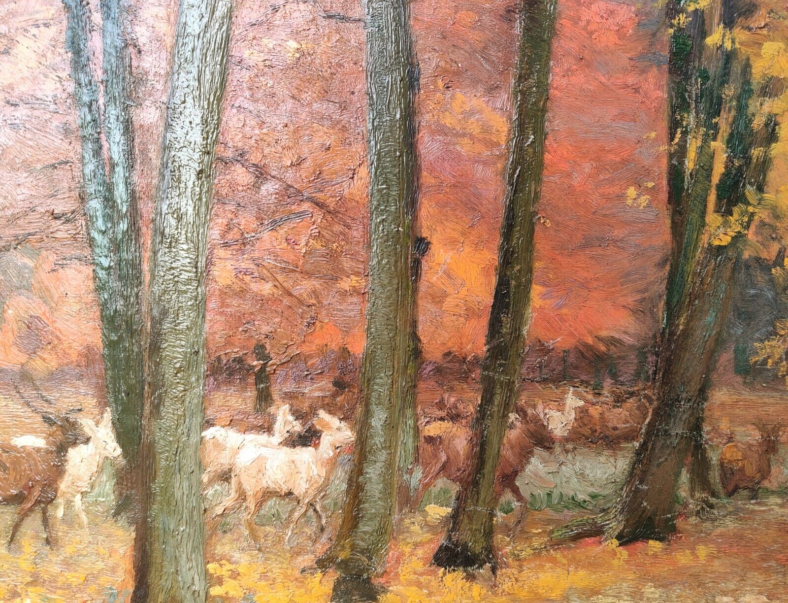 Søren Lund (1852-1933): DEER IN AUTUMN FOREST - original oil painting