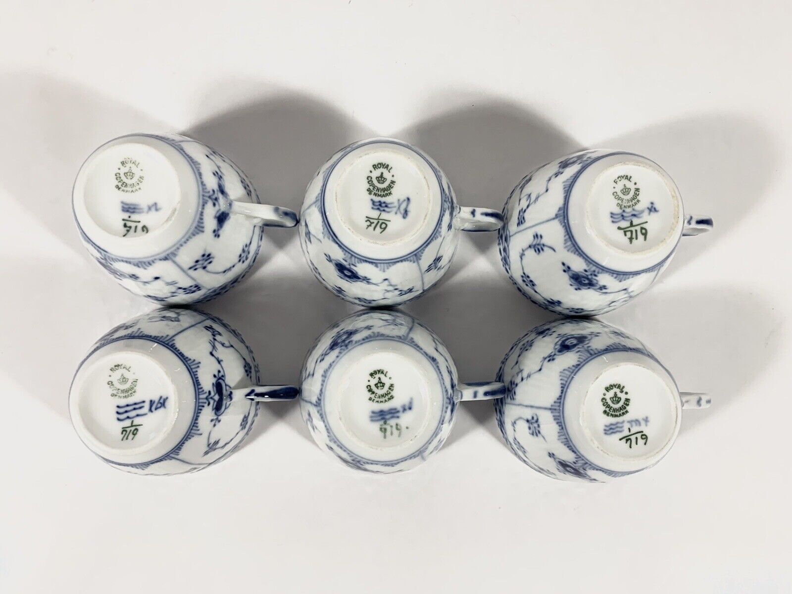 6x Royal Copenhagen Blue Fluted Half Lace  719 Coffee Cups  Saucers Set