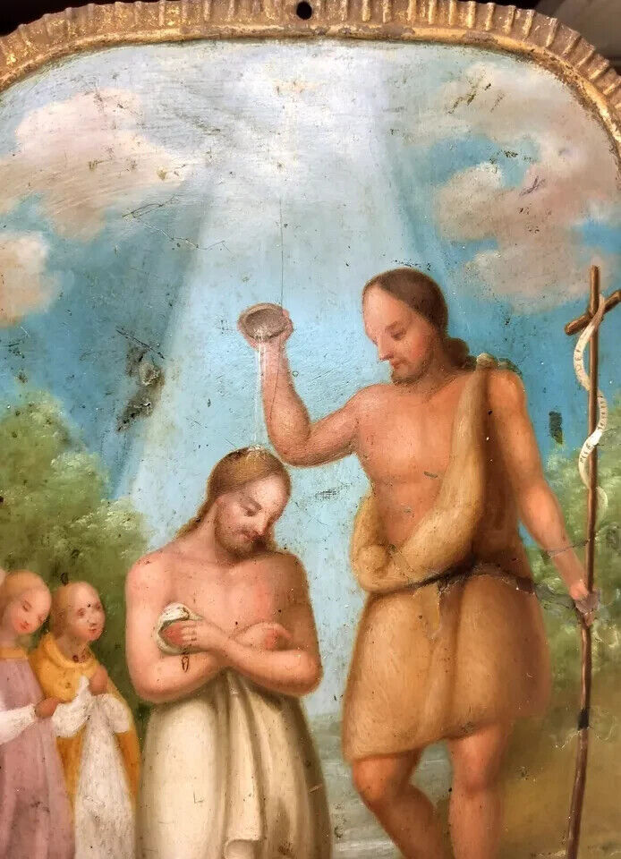 Baptism of Jesus Original Antique Oil Painting on Metal