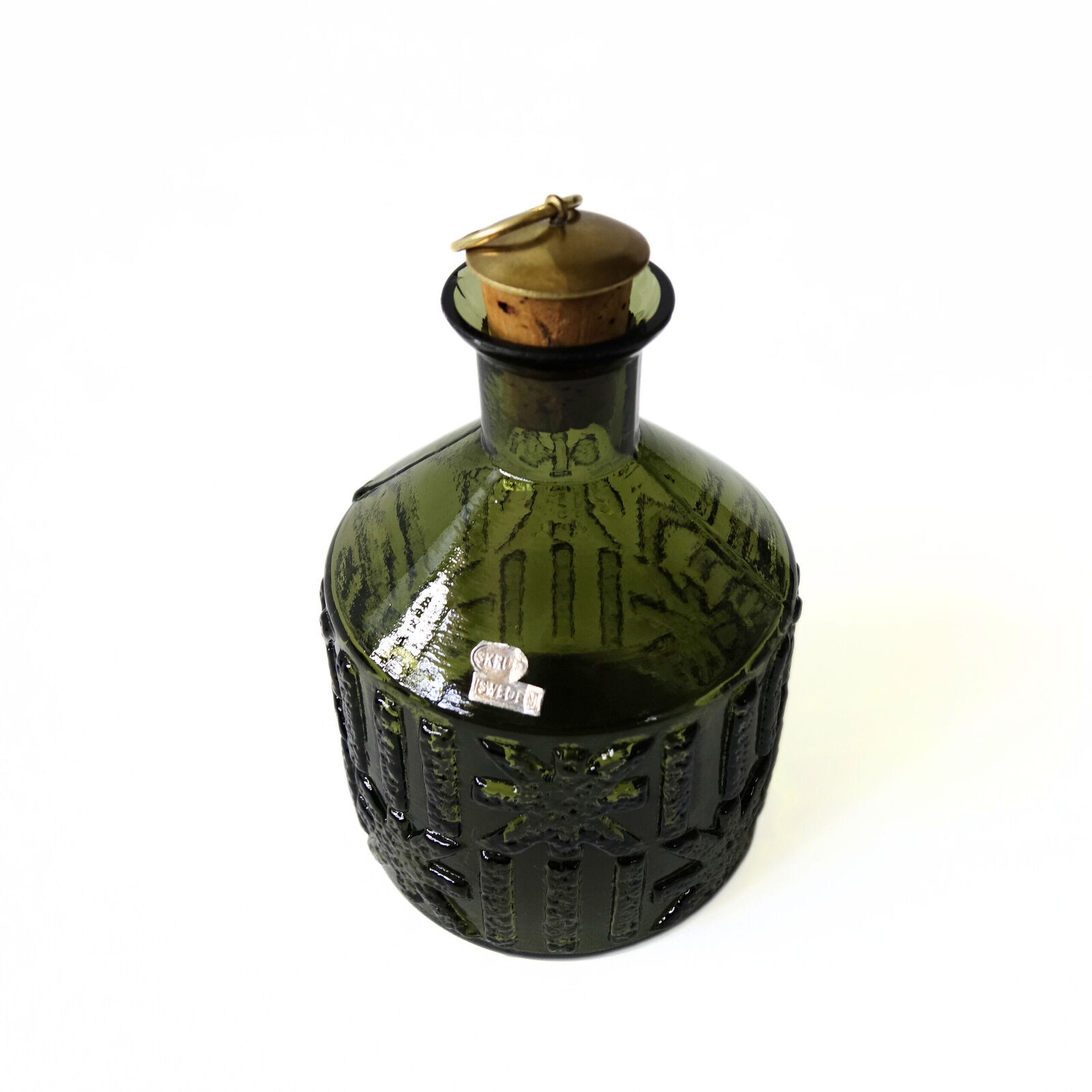 Vintage green glass decanter with cork and brass lid from SKRUF Sweden