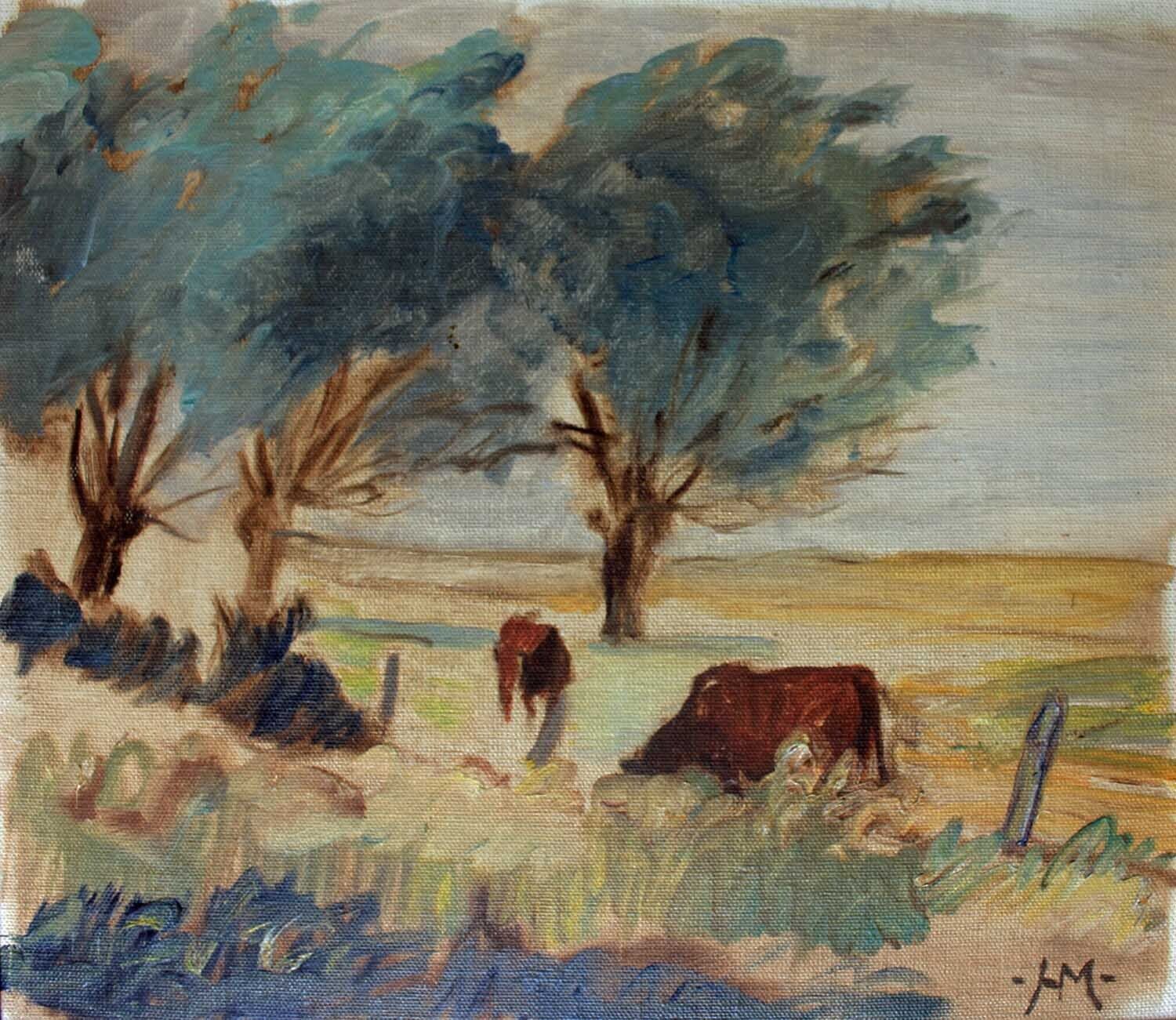 Count Harald Moltke Two cows grazing in the meadows Mid 1900s