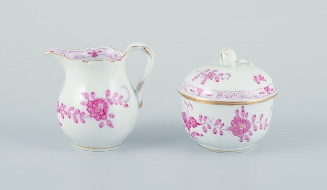 Meissen Germany Pink Indian sugar bowl and creamer in hand-painted porcelain