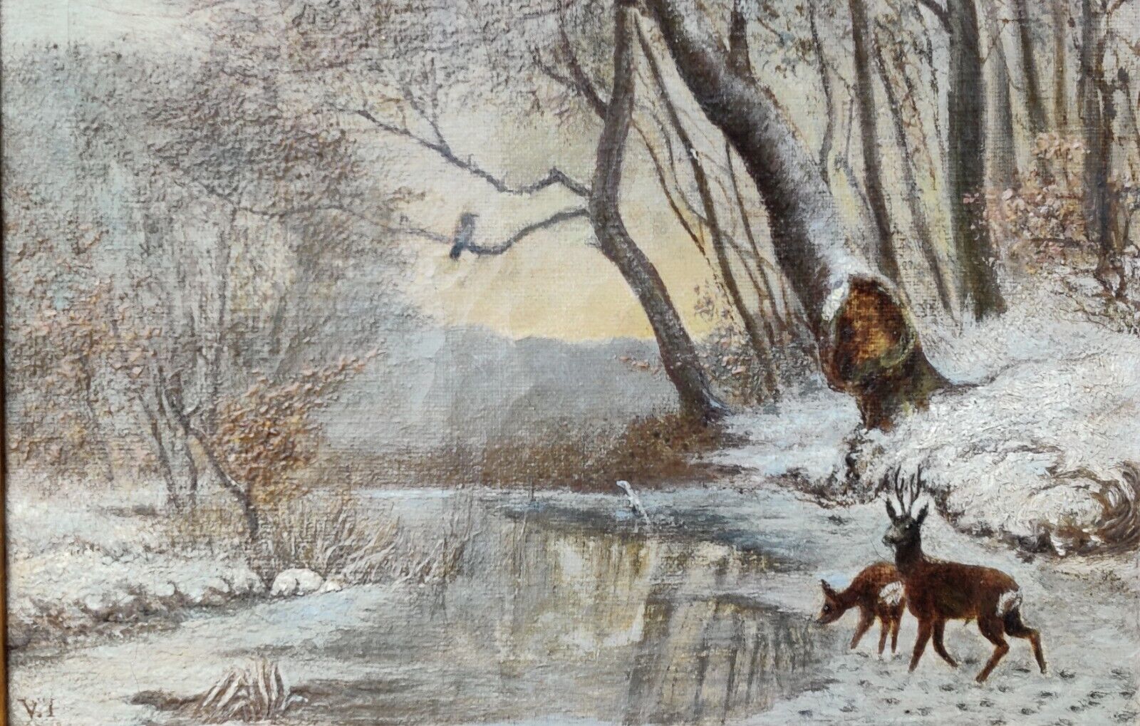 DEER DRINKING WATER IN WINTER FOREST original oil painting