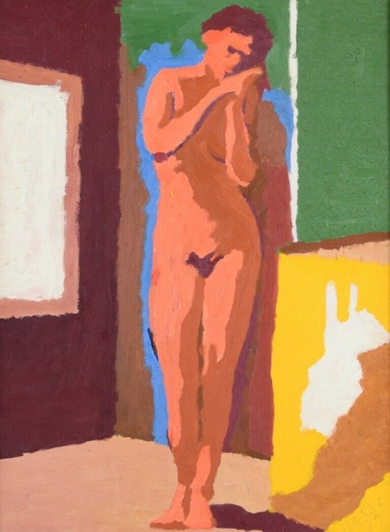 Swedish artist Oil on canvas Nude female model in interior Modernist style