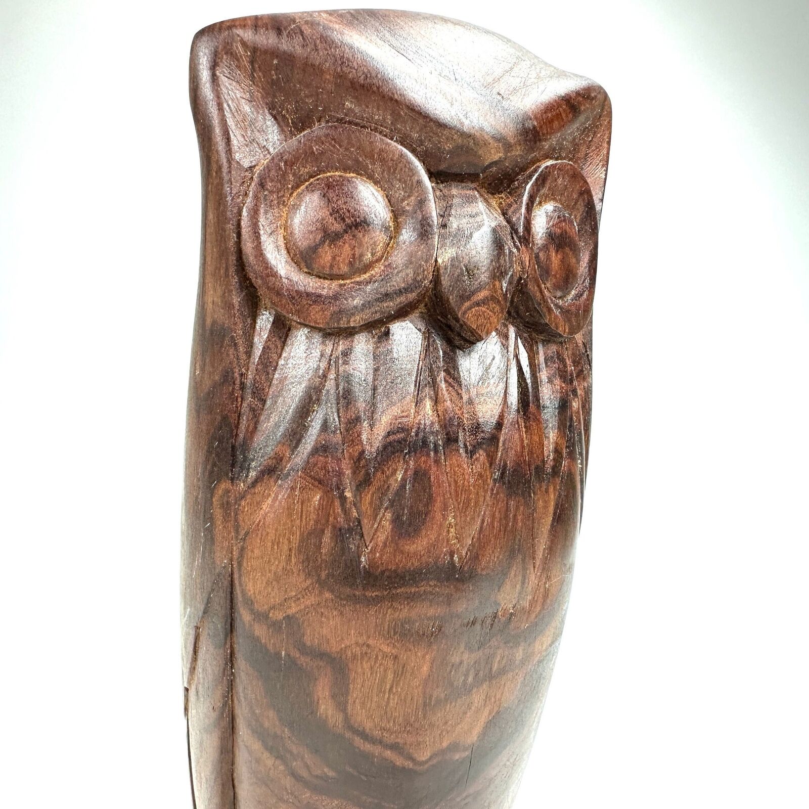 Vintage Hand Carved Teak Wood Owl Figurine 70s Bird Sculpture