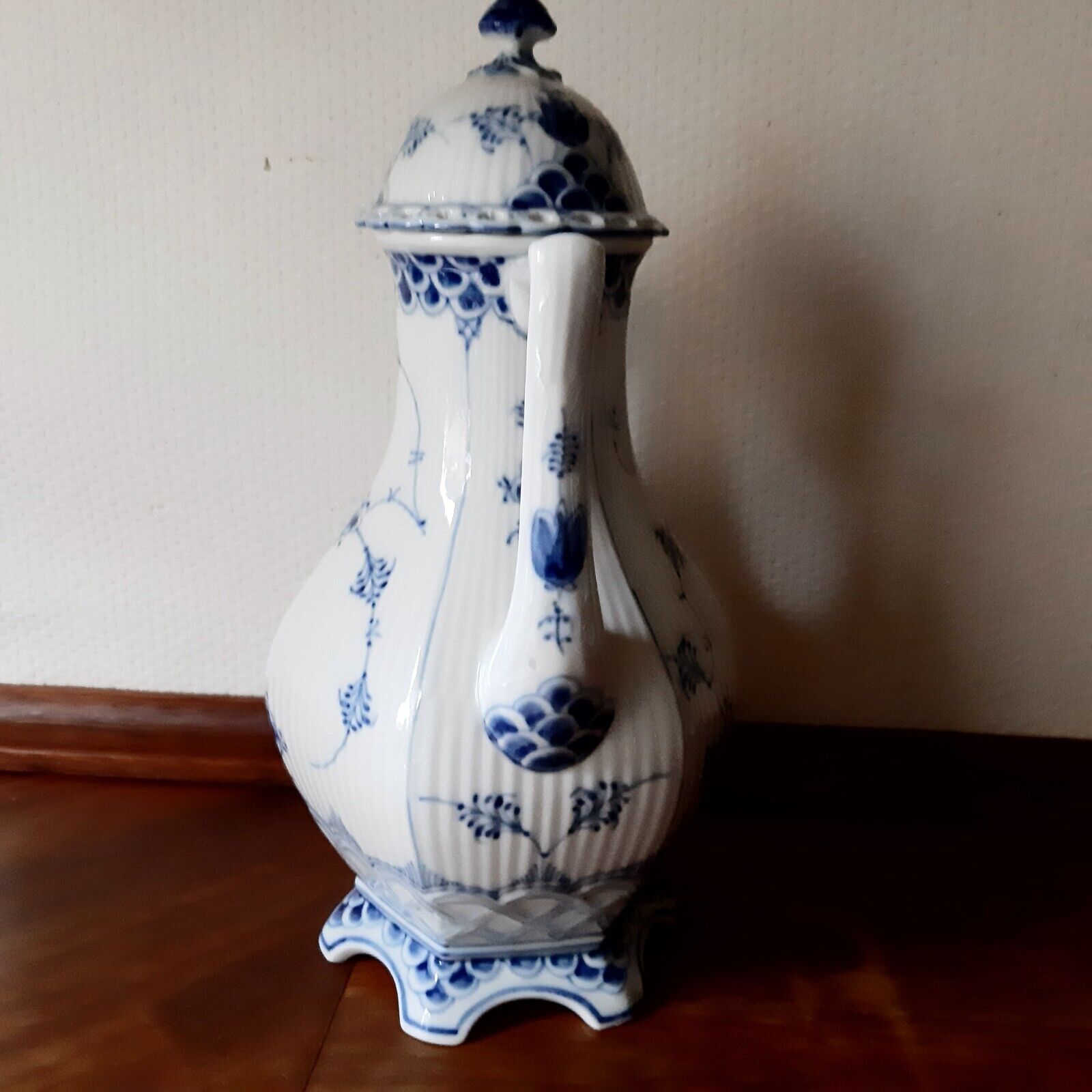 Large Hexagonal Coffee Pot BLUE FLUTED FULL LACE # 1-1202 Royal Copenhagen 1964