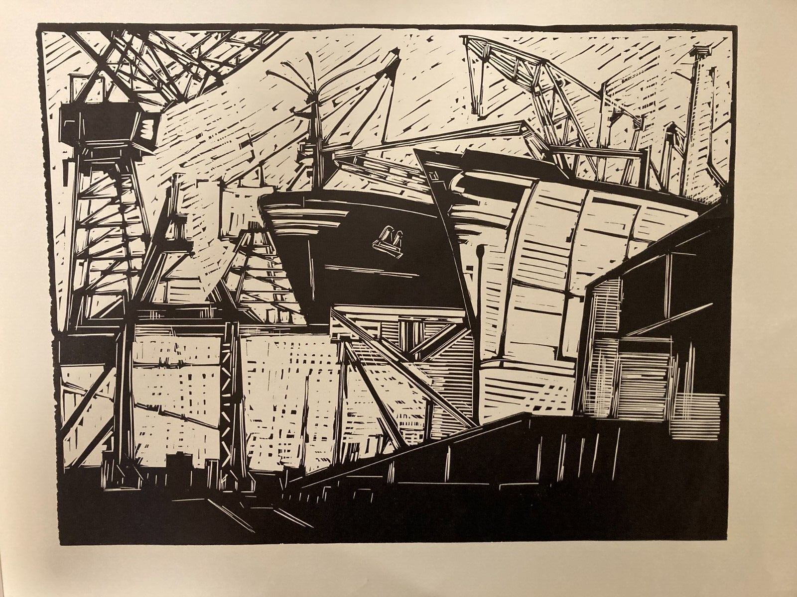 Vintage Woodblock Print - Industrial Shipyard Scene - Mid-Century Modern Art