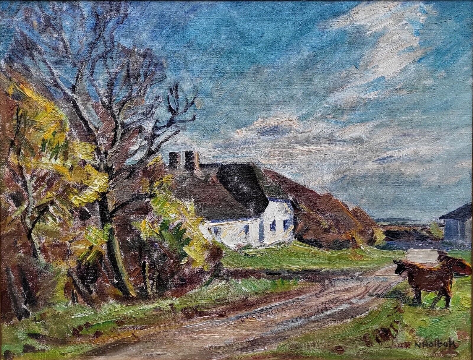 Oil painting Niels Holbak(1884-1954): “A rural settlement”