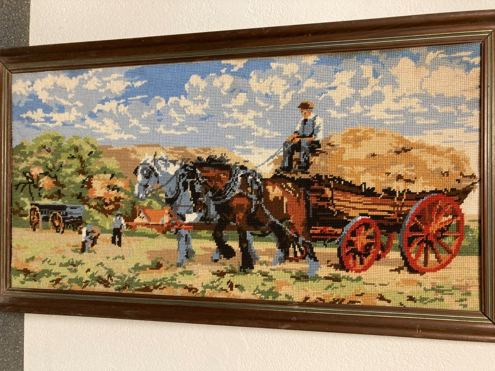 Danish Cross-Stitch Artwork Farmer with Horses Harvest Scene W82cm L44 Framed