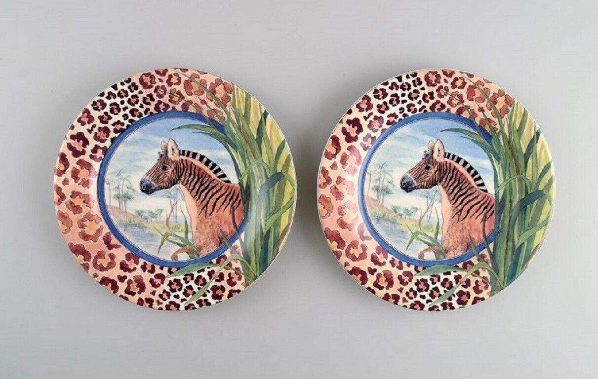 Gien France Two Savane porcelain plates with hand-painted zebras Late 20th C