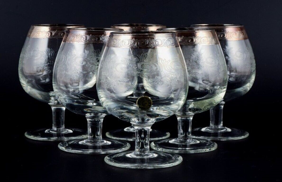 Murano Italy six mouth-blown and engraved brandy glasses with silver rim