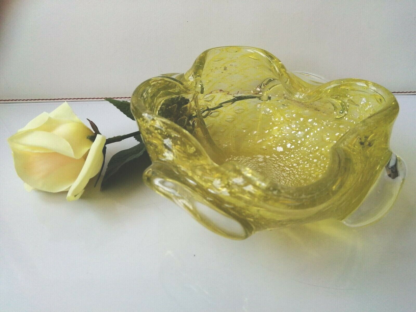 Vintage Murano bright yellow bowl with airbubbles and silver flecks1950's