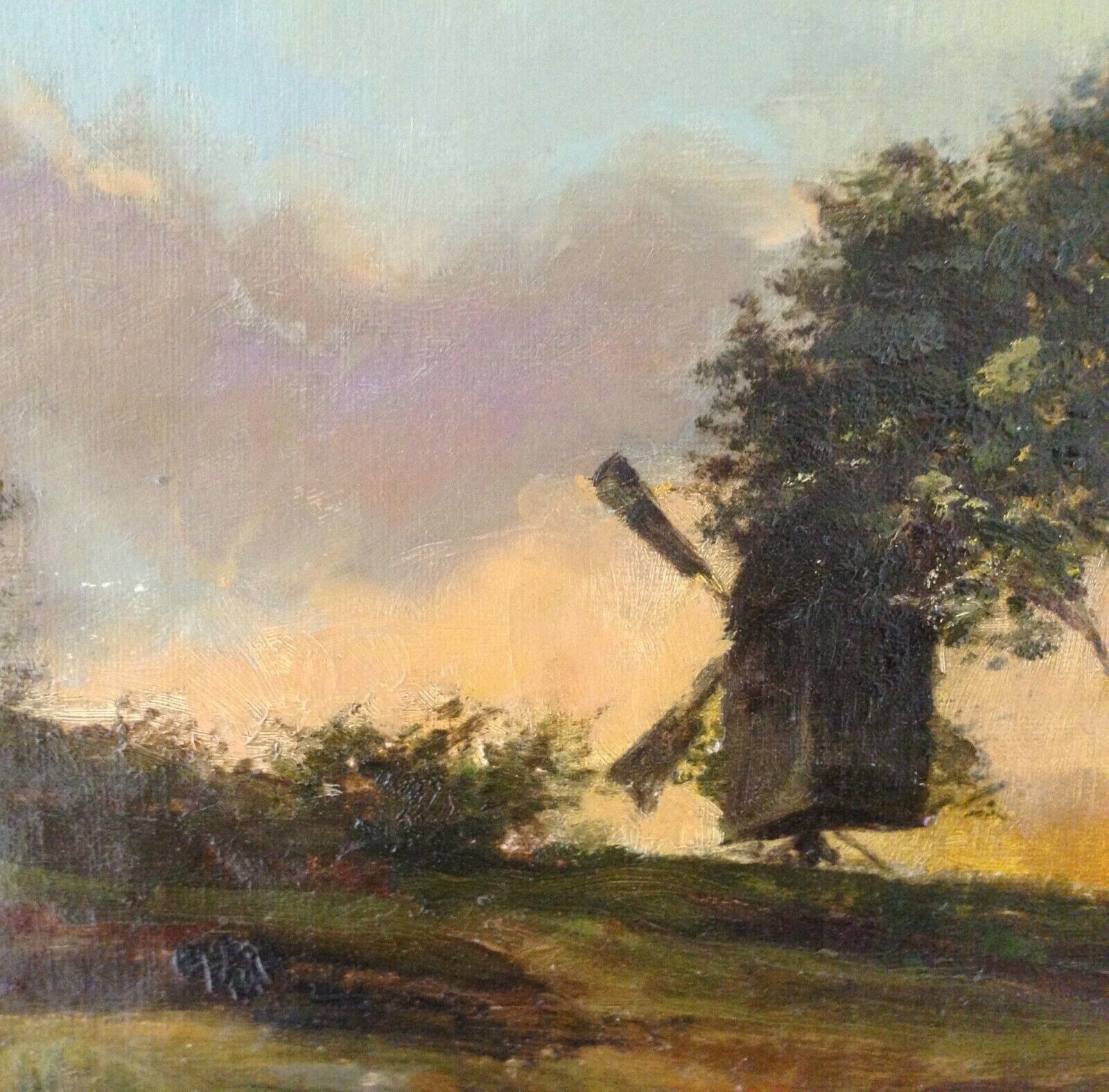 WINDMILL IN SUNSET Original antique oil painting