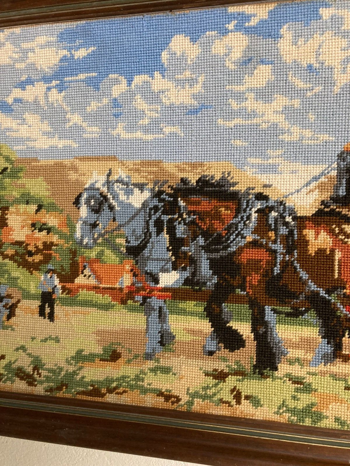 Danish Cross-Stitch Artwork Farmer with Horses Harvest Scene W82cm L44 Framed